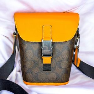 New COACH Orange and Brown Track Small Flap Crossbody